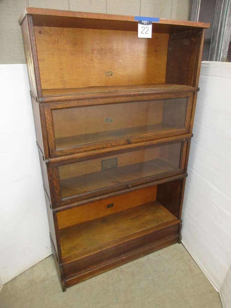 Older Hales Interchangeable Bookcase, Herkimer, NY Barrister Bookcase, Four Sections and Base, Two Sections have Sliding Glass Doors