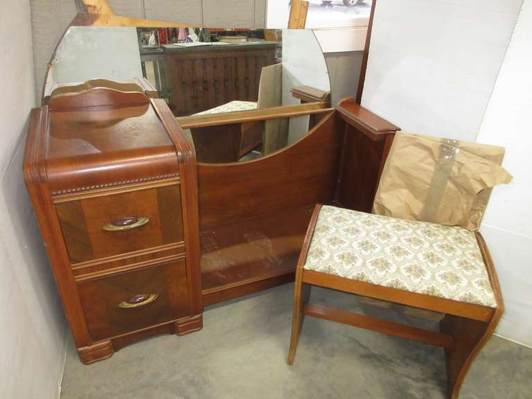 Antique Vanity with Mirror and Stool, Has Two Drawers, Glass Top, and Bench, Matches Lot Nos. 34, 35, and 6235