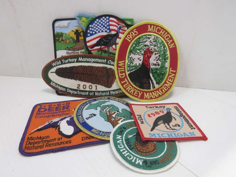 (9) Michigan Successful Turkey Hunting Patches: 1988, 1989, 1995, 2001, 2002, 2003, 2004, 2005, and 2006, Like New and Never Sewn On; (2) Michigan Successful Deer Hunting Patches: 1994 and 1998, Excellent, Never Sewn On