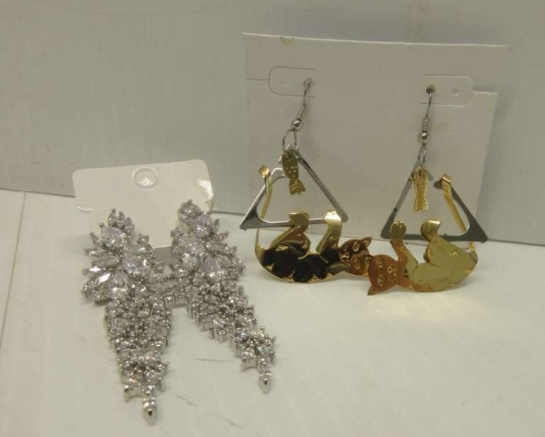 Crystal and Rhodium-Plated Earrings, Prong Set, 2 1/2" Hang, New; Cat after Fish Earrings, Silver and Gold-Tone, Unstamped, Non-Magnetic, 2 1/4" Hang, Untested, As Is