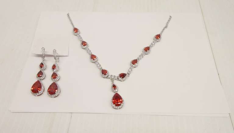 Sterling Silver, Orange Sapphire, and Natural/Clear Stone Necklace and Earring Set, All Prong Set, Lever Back Safety Close