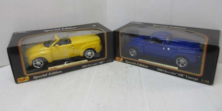 (2) Chevy Die-Cast Metal Cars, 1/18 Scale, Special Editions: 2000 Chevy SSR Concept, Blue; 2004 Chevy SSR, Yellow