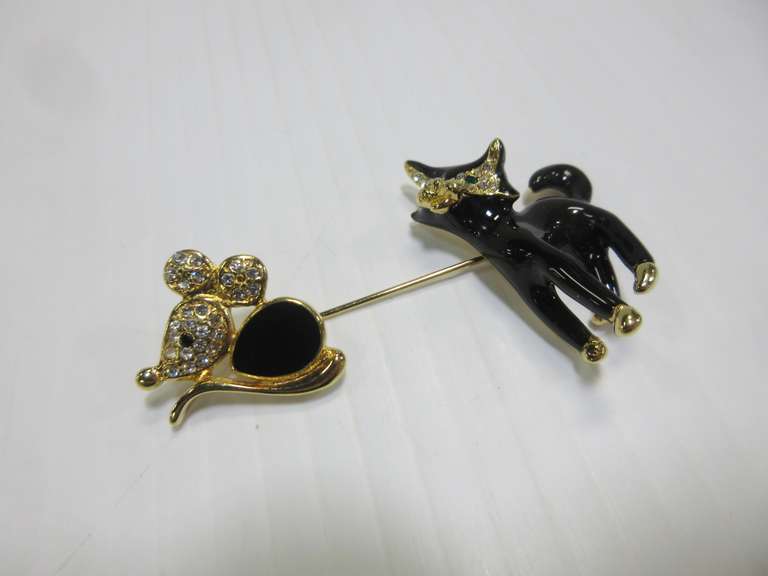 Older 1950s KJL Kenneth Jay Lane Cat and Mouse Pin/Brooch, Gold Tone Base with Crystals and Enamel