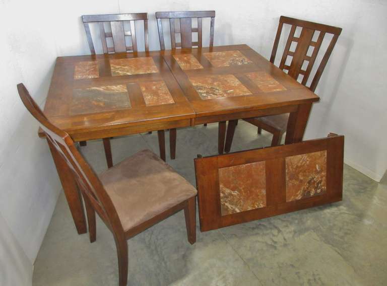 Dining Room Table with Leaf, Has Tile Inserts, and (4) Matching Chairs