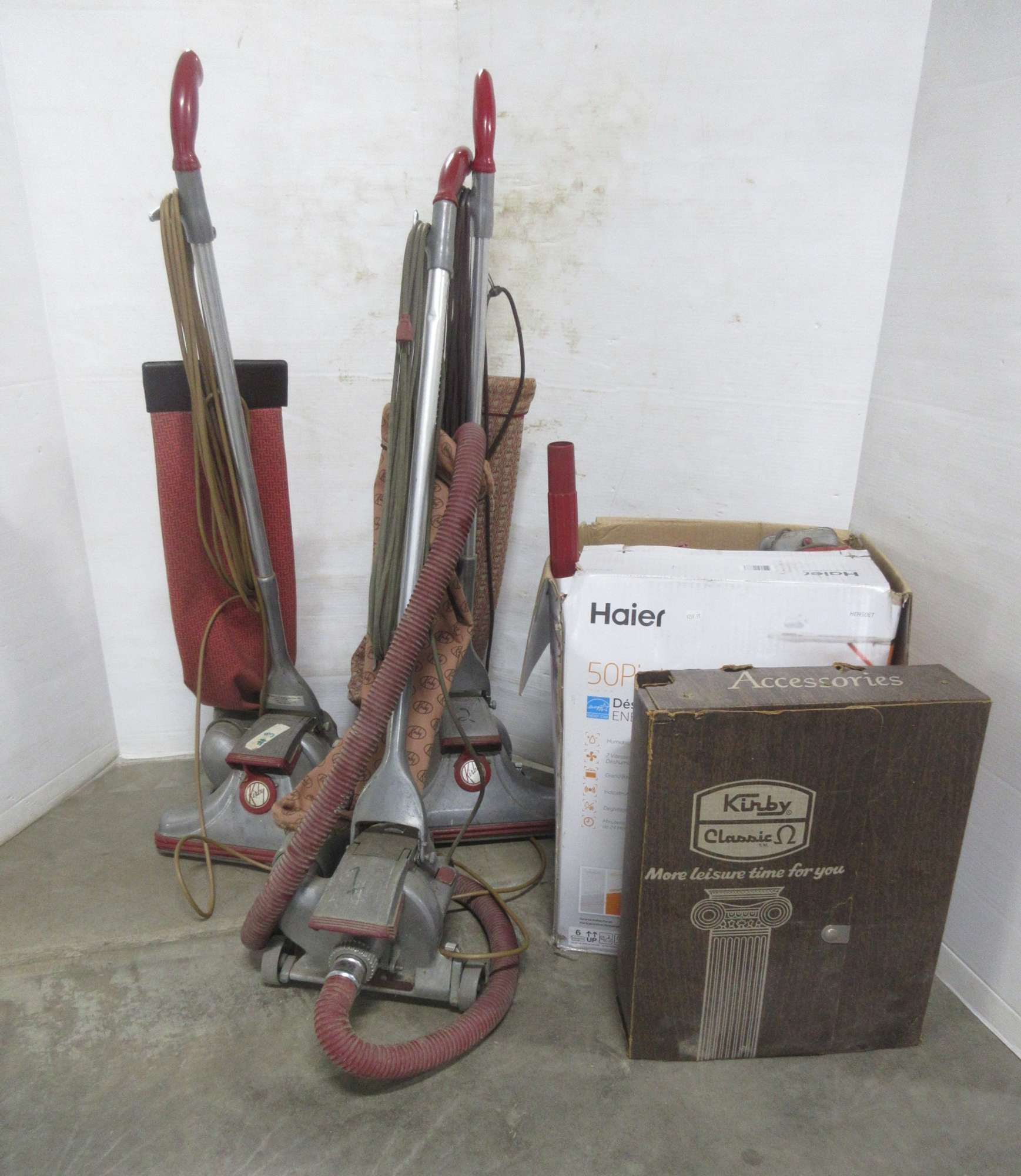 Albrecht Auctions (3) Older Kirby Vacuums, All Work; (2) Boxes of Kirby Parts and Accessories