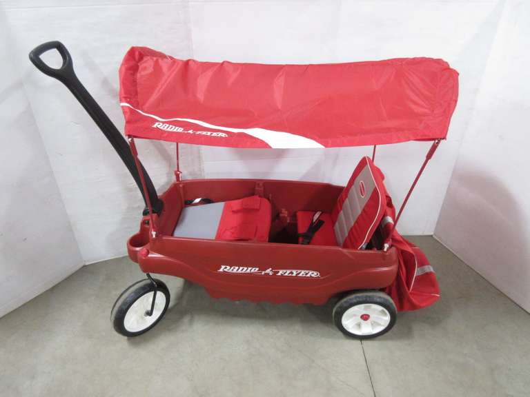 Radio Flyer Wagon with Canopy, Two Seats with Backs, Two Cup Holders in Front of Wagon, Large Canvas Bag in Back