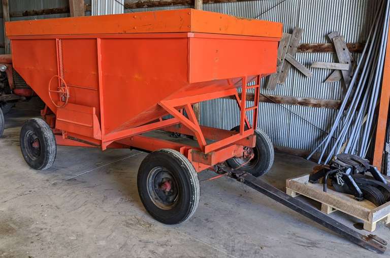 1962 Classic McCurdy Gravity Box on Running Gear, Repainted, Good Tires, Holds around 120-Bushel, Shop Built Wood Extensions, Housed