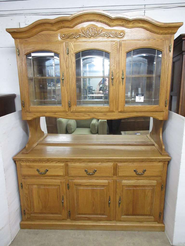 Two-Piece Lighted Oak China Cabinet with Mirror and Glass Top Doors