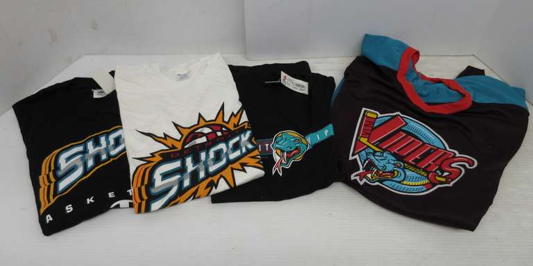 Detroit Vipers Jersey, Size XL; Detroit Vipers T-Shirt, Size M; Detroit Shock T-Shirt, Size L; Detroit Shock T-Shirt, Size L