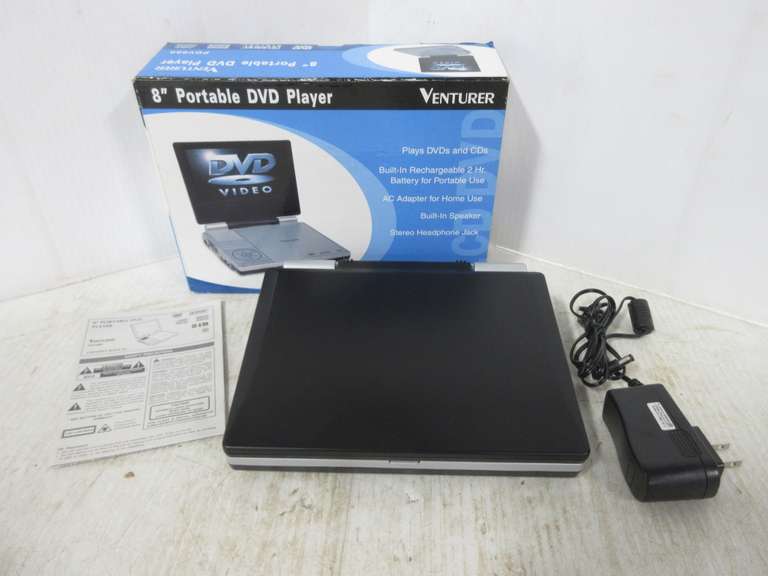 Venturer Portable DVD Player with 8" Display, Built-In Speaker, Stereo Headphone Jack, Includes AC Adapter and User Manual