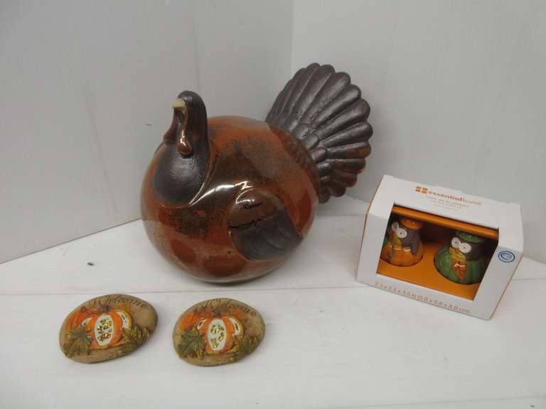 Large Thanksgiving Ceramic Turkey, No Chips or Cracks; Set of Thanksgiving Salt and Pepper Shakers, NIB; (2) Thanksgiving Welcome Rocks