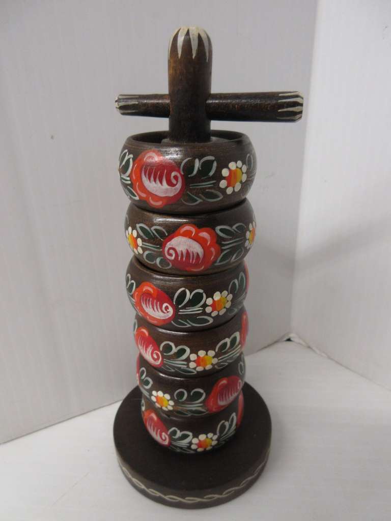 (6) Hand Painted Napkin Rings with Stand, Purchased in Ixtapa, Mexico