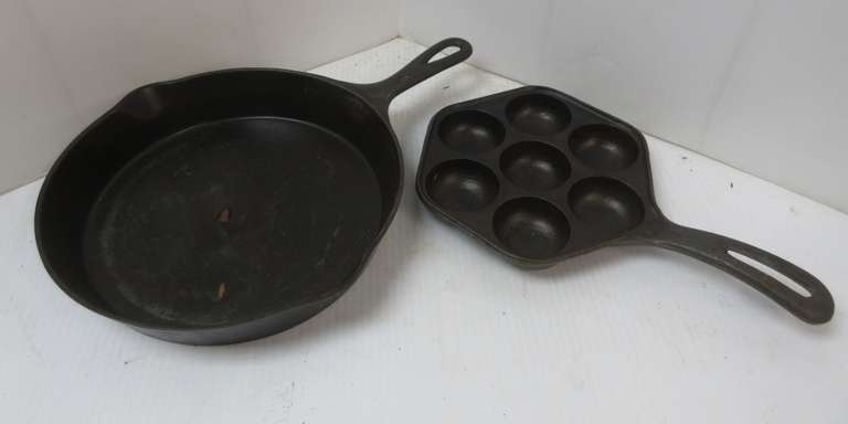 Cast Iron Wagner Ware Sidney Ohio Skillet N-1358C; Small Cast Iron Muffin Pan