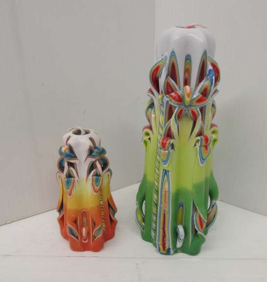 (2) Vintage 1970s Carved Candles, Unusual Rainbows