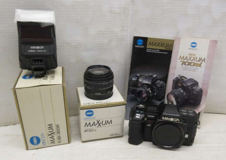 Minolta 7000AF Camera, Has Cracking in Body; Minolta Maxxum AF with 50/1.4 Lens, and a Minolta Maxxum 2800AF Flash