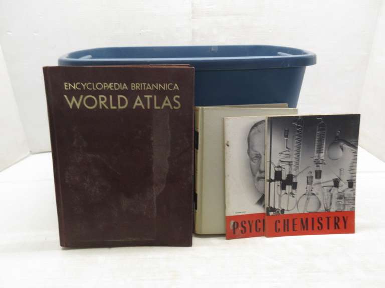 (2) Totes with Encyclopedia Britannica 1768, White Leather Bound, Copyright 1966 with All Supporting Books, Atlas, and Paperwork