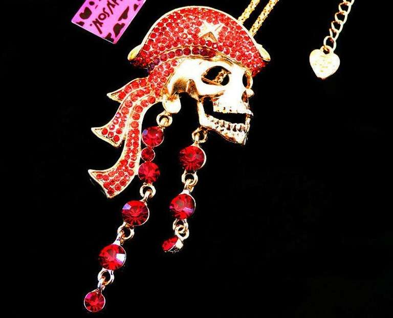 Betsey Johnson Pirate Skull Necklace with Red Crystal Rhinestones