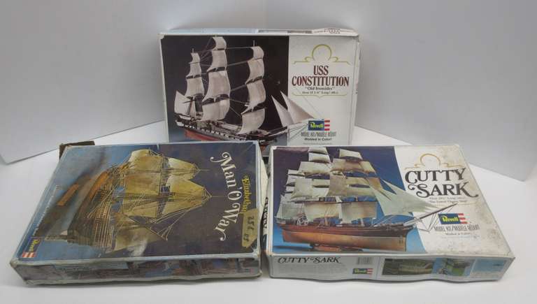 (3) Older Revell Model Ship Kits: Constitution, Cutty Sark, and Man-O-War