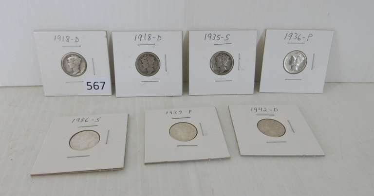 (7) Mercury Head Dimes, Include: Two- 1918-D, 1935-S, 1936-P, 1936-S, 1939-P, and 1942-D