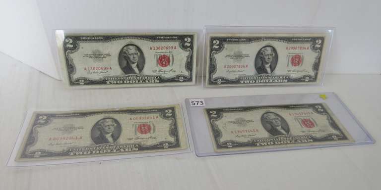 (4) Silver Certificate $2 Bills: Two- 1963, 1976, and 1953