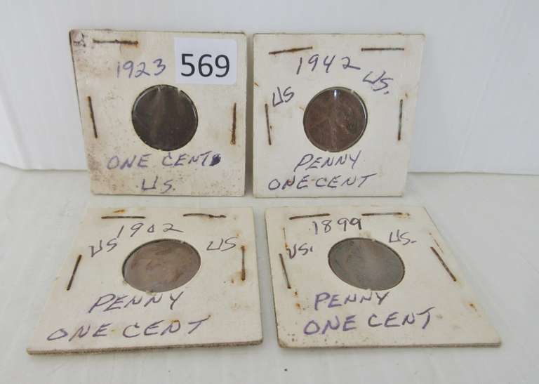 1899 US Indian Head Penny, 1902 US Indian Head Penny, 1923 US Penny, and 1942 US Penny with Freemason Stamp