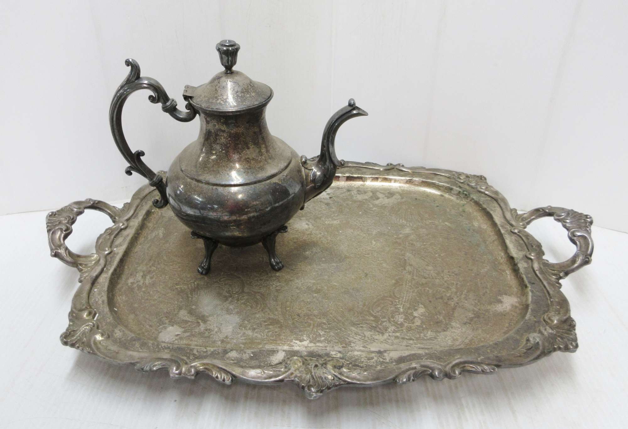 Albrecht Auctions Antique Silver Teapot; Serving Tray, 24"W