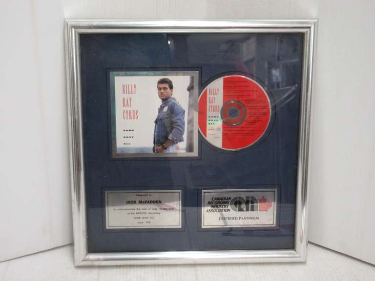 Billy Ray Cyrus Mercury Records Award for Sale of 100,000 Sales of Some Gave All Record with Achy Breaky Heart Presented to His Manager Jack McFadden by Cra Certified Platinum