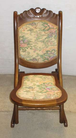 Folding Wooden Carved Rocker with Tapestry Seat and Back