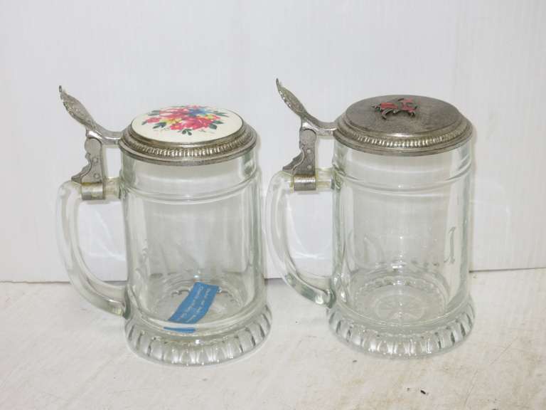 Pair of Original BMF Bierseidel Clear Glass Beer Steins with Pewter Lids, Made in West Germany