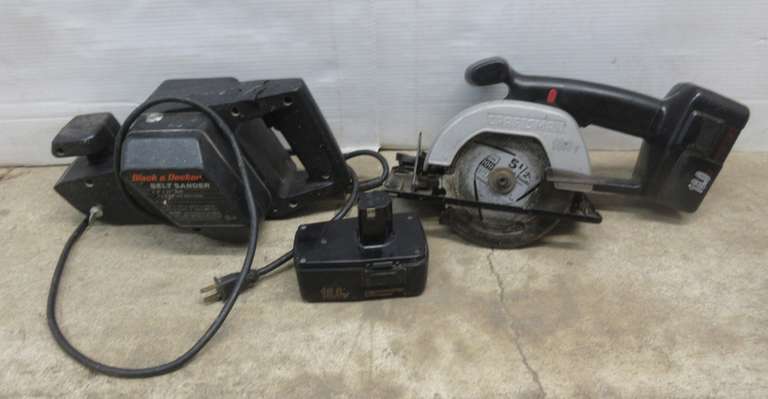 Black & Decker Belt Sander, 3" x 21"; 18V Craftsman Saw with Batteries, Batteries are Dead, Unknown, As Is