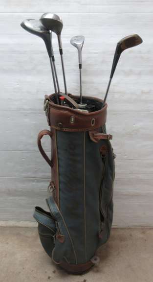 Old Pro Classic Golf Bag with (5) Woods and Putter, Including: Pallsey 1, 3, 5 Woods, Ping 3 Wood, and Lynx 4 Wood