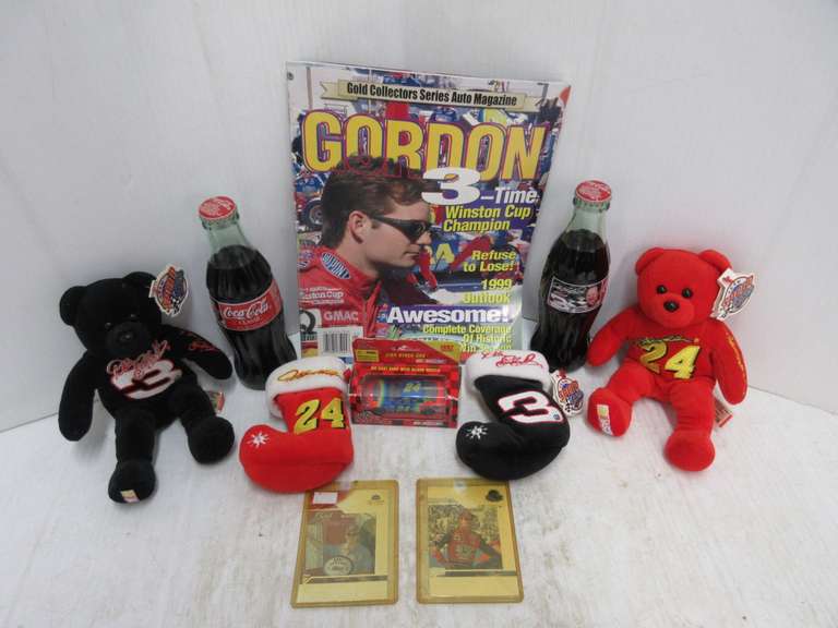 Jeff Gordon and Dale Earnhardt Collectibles, Including: (2) Coke Bottles, 1997 Gordon Car, (2) Mini Stockmaps, Gold Collectors Series, and Auto Magazine