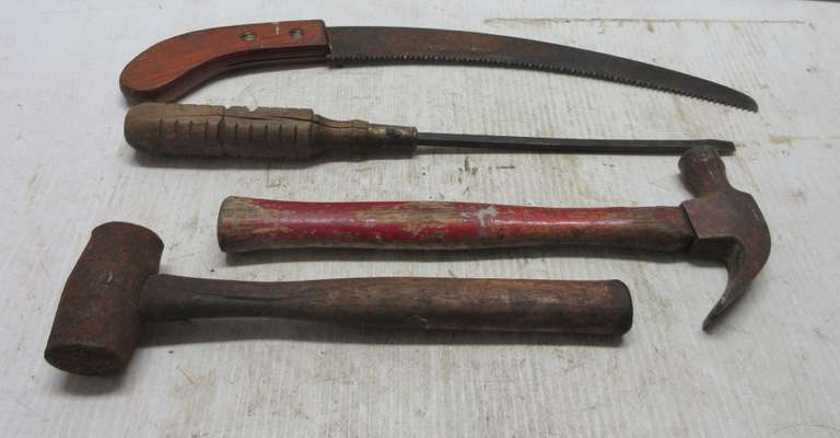 (4) Wooden Handle Items, Include: Curved Hand Saw, 19 5/8"L; Flat Head Screwdriver, 17 1/2"L; Claw Hammer, 13 3/4"L; Mallet, 12 3/4"L