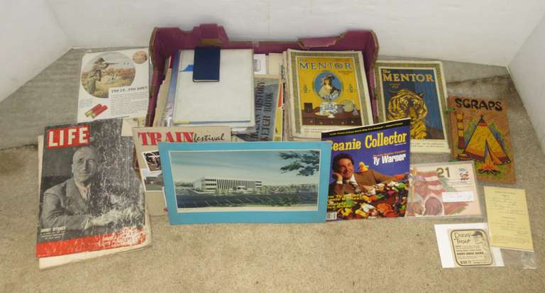 Over (100) Antique and Older Collectible Ephemera, Includes: Mentor Magazines from 1920's, Early 1930's to 1940's, Life Magazines, Stamps, Magazine Advertisements, and More