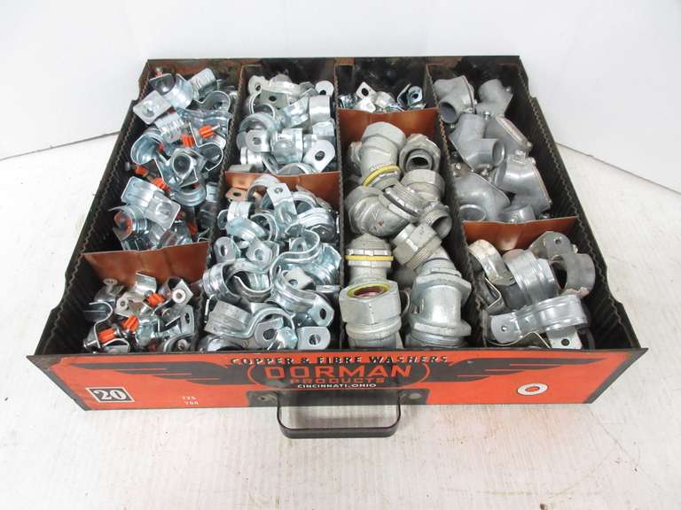 Electrical Conduit Fitting, and Various Pipe Clamps in a Container Box