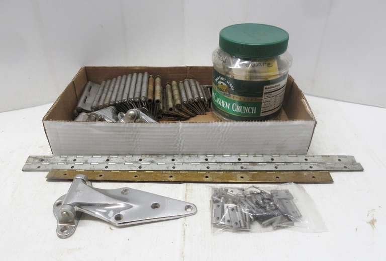 Various Size Hinges, Include: (4) Large Chrome Hinges, and a Container of Brass Hardware