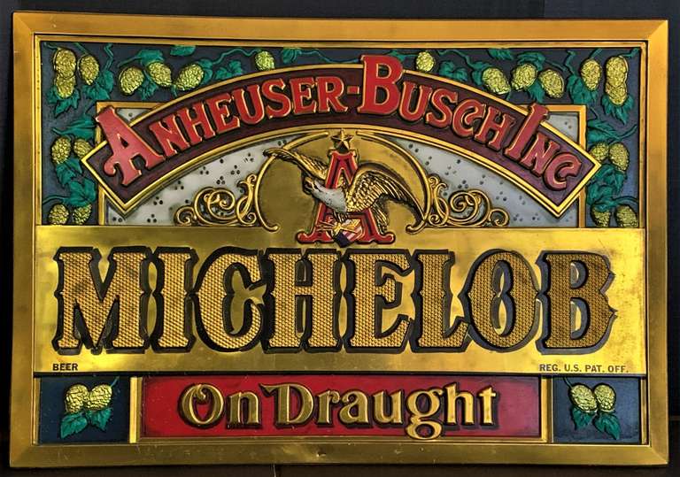 Large 1970s Michelob On Draught Molded Plastic Beer Sign with Pressed Wood Backing