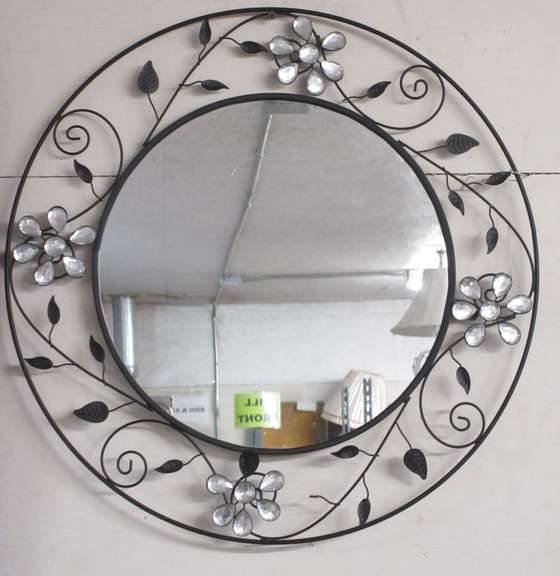 Round Mirror with Leaf Design with Hanger, All Metal