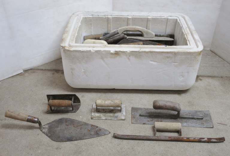 Various Cement Tools, Include: (2) 16" Cement Trowels, (2) 6 1/2 Tuck Pointer Cement, (7) Line Stretchers, (6) Cement Block Stretchers, (2) Cement Chisels, Wire Brush, 14" Cement Trowel, (3) Large Hand Trowels, (4) Cement Hand Edgers, and (5) Wood Line Stretchers