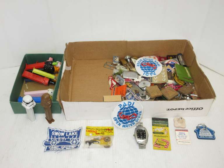 Over (100) Antique and Collectible Older Items, Includes: Pez Dispenser, Watch, Patches, Advertising Lighters, Wood Clock, and More