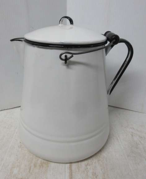 Older Large Enamelware Kettle with Black Trim and Wood Swing Handle