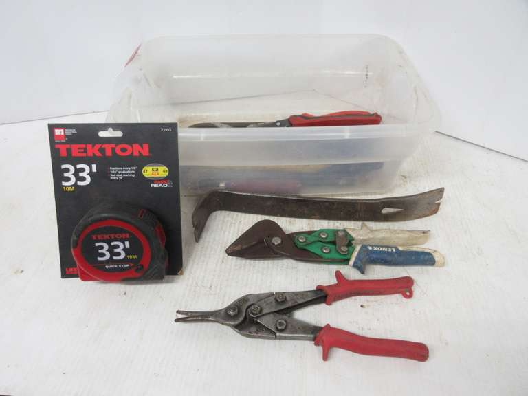 Misc. Tools: (5) Pairs of Steel Snips; (3) Pry Bars; Siding Tool; Tape Measure, New