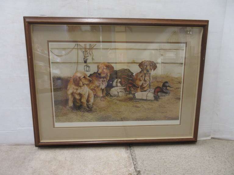 Picture of Three Hunting Dogs and Over Three Wooden Ducks by Crowe XLV, Has a 3D Look to it