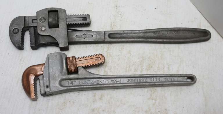 (2) Old Adjustable Pipe Wrenches: 18" Stillson, Erie Tool Works; 14" Mayes Tennessee