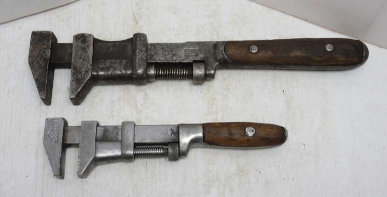 (2) Antique Wood Handle Adjustable Wrenches: Large Russwin 18", Patented 1901; Whitman and Barnes, 12"