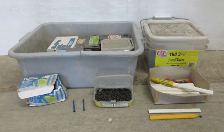 Tray of Various Nails, Screws, and More