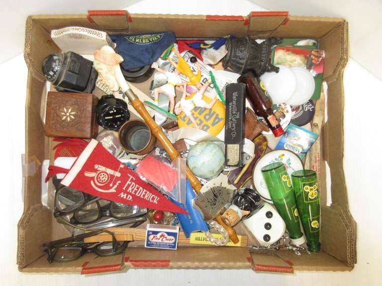 Over (100) Antique and Older Small Items, Including: Advertising, pinbacks, Pennant, Compasses, Belt Buckles, and More