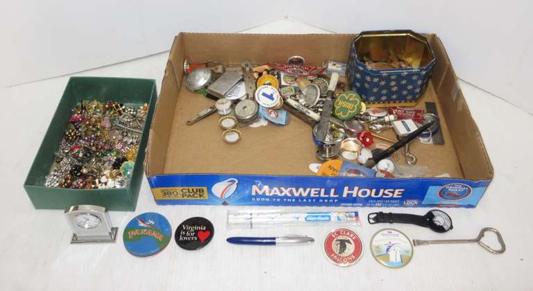 Over (100) Antique and Older Small Items, Including: Costume Jewelry, Coins, Tokens, Lighters, Pinbucks, Advertising, and More