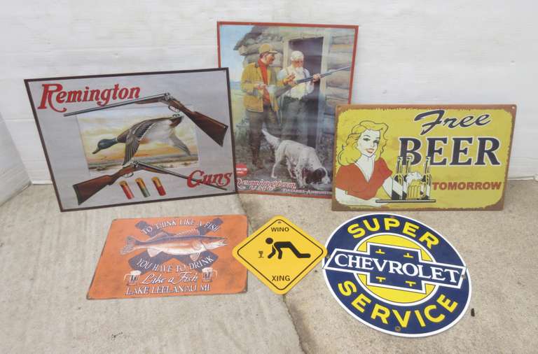 (6) Modern Rustic Metal Signs, Including: Chevrolet, Free Beer Tomorrow, Drink Like a Fish Lake Leelanau, Remington Dog, Remington Duck, and Wino X-ing