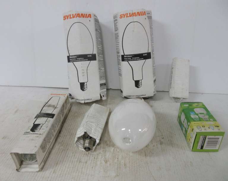 (7) Light Bulbs: 3- MV400-DX Large Base Parking Lot Light Bulbs, 2- LU35-S76 Light Bulbs, LU250-ECO S50 Light Bulb, and a Fluorescent Pig Tail Bulb